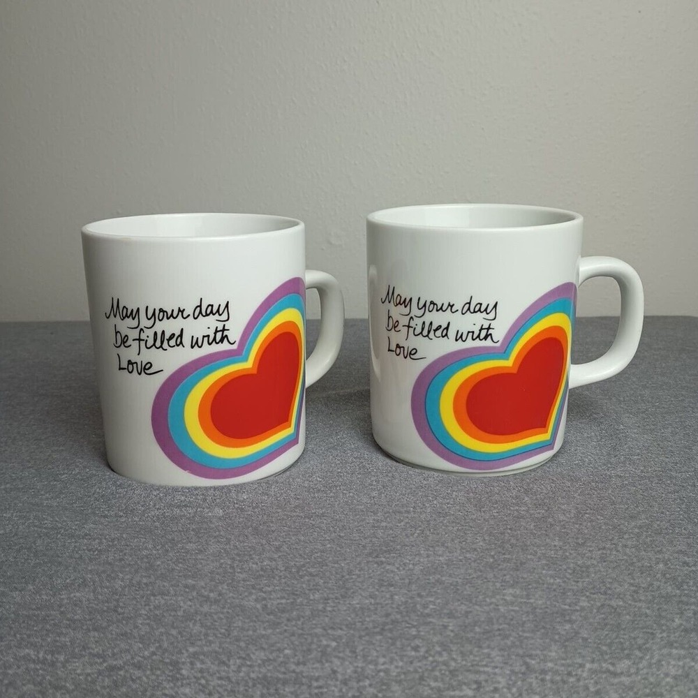 VTG Rainbow "The Love Mug" Set Avon 1983 & 1984 Easter Heart Rainbow Mugs, Set